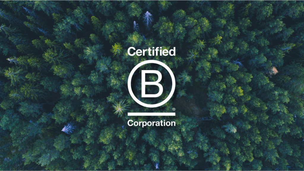 Una foresta verde con sopra il logo di Bcorp