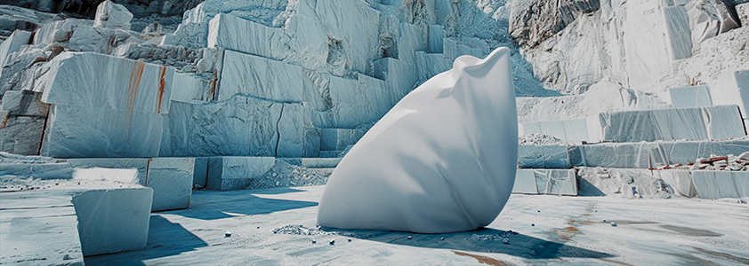 opera d'arte atmosphere coperta da un telo bianco presso una cava di marmo