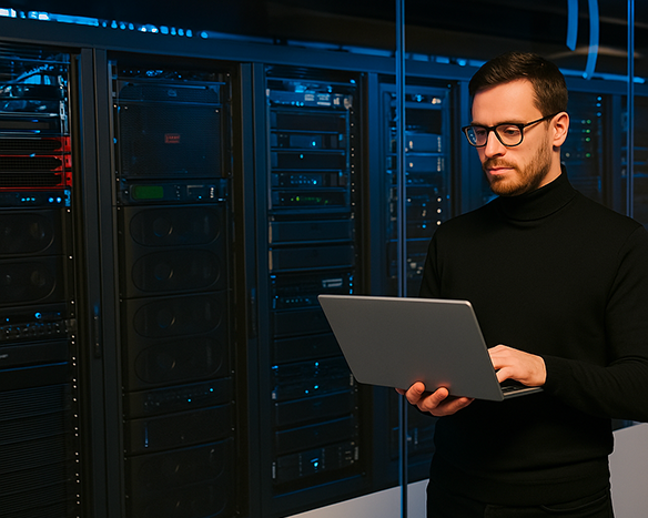 project-manager-ICT giovane uomo di età 35 anni, vestito con dolcevita nero, che monitora i server tramite il proprio laptop