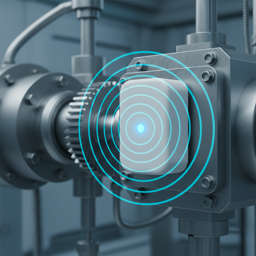 Dettaglio di un sensore iot posto su un macchinario. Il sensore è bianco e ha un puntino luminoso di luce al neon blu. Il sensore emette un segnale e irradia delle onde